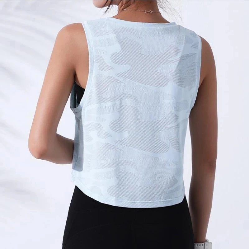 Women Camouflage Running  Crop Top Yoga Shirt Breathable